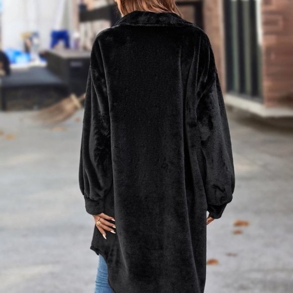 Fluffy Button Down long shacket Coat Black - Picture 2 of 4